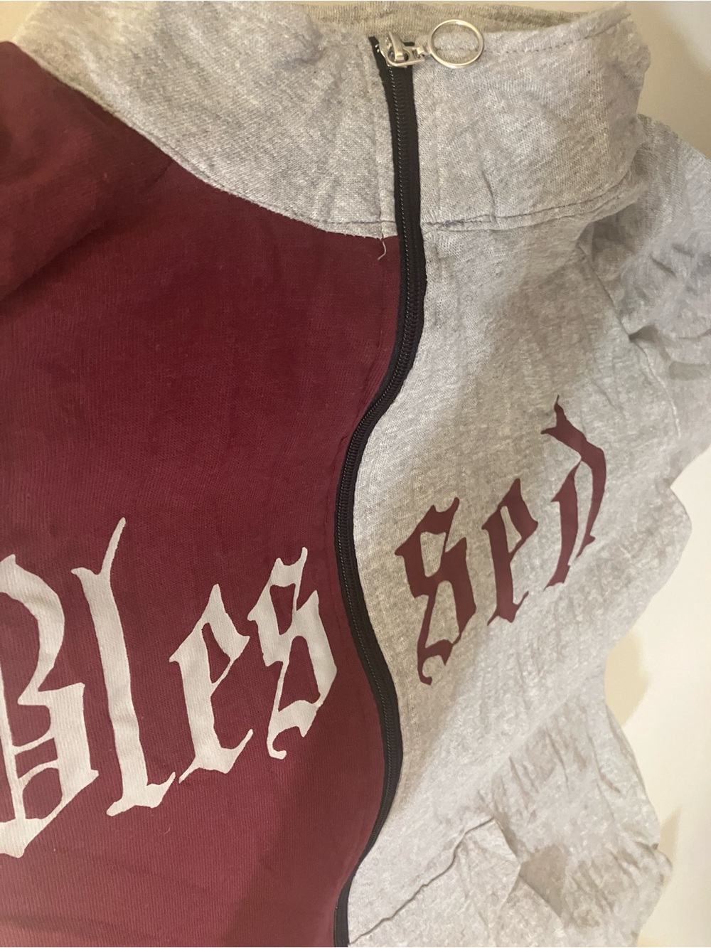 Two-Tone Maroon and Light Gray Zip-Up Hoodie